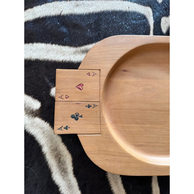 Vintage Handcarved Oval Wooden Tray With Playing Card Handles For Sale - Image 9 of 15
