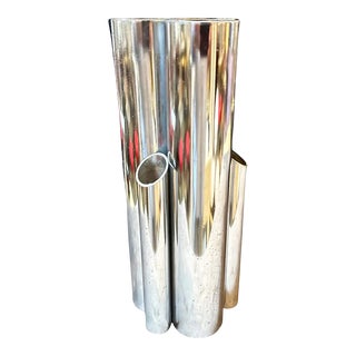 1960s Gio Ponti Style Minimalist Chromed Metal Multiple Cylinder Vase For Sale