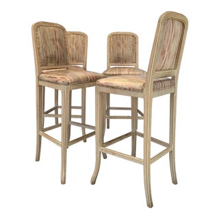 1960s Vintage White Washed Country Style Bar Stools- Set of 4 For Sale