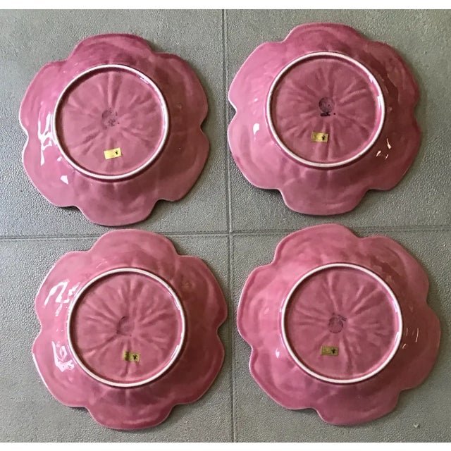 Beautiful set of four vintage Bordallo Pinheiro Majolica dinner plates featuring the iconic Cabbage Leaf design in a...