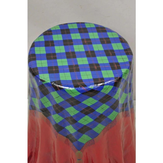 Hollywood Regency Vintage Paper Mache Red Blue Green Tartan Painted "Tablecloth" Drape Side Table For Sale - Image 3 of 11