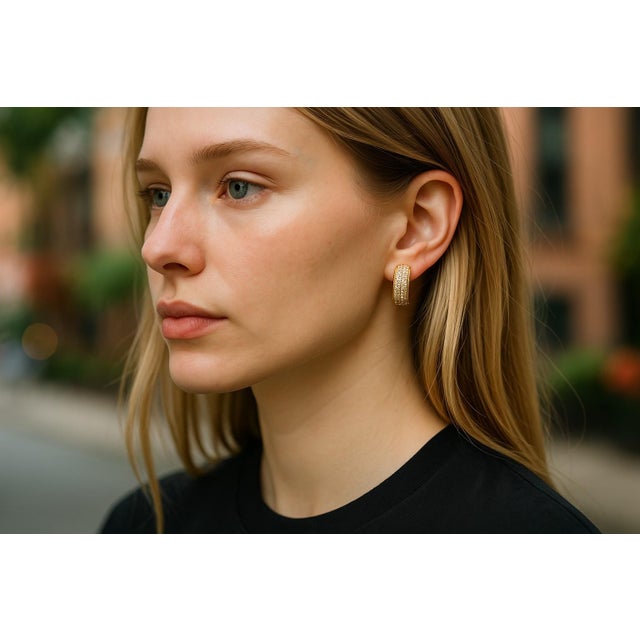 Metal 14k Yellow Gold Diamond Half Hoop Earrings 1.30 Carats 0.80 Inch Long, A Pair For Sale - Image 7 of 8