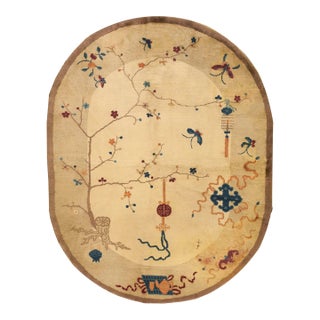 1920s Beige Floral Antique Chinese Oval Art Deco Carpet 6'2'' X 7'9'' Wool Knotted Rug For Sale