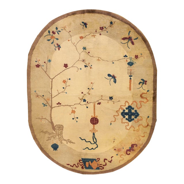 1920s Beige Floral Antique Chinese Oval Art Deco Carpet 6'2'' X 7'9'' Wool Knotted Rug For Sale