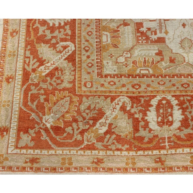 Antique Turkish Floral Oushak Rug in Cream, Rust Red, Orange and Green For Sale - Image 9 of 12