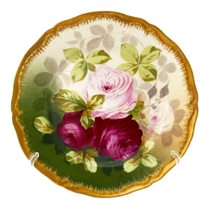 Late 19th C. Hand Painted Porcelain Plate, Theodore Haviland, Artist Signed 'Dulas', Limoges France, Bold Pink Roses, Gold Trim