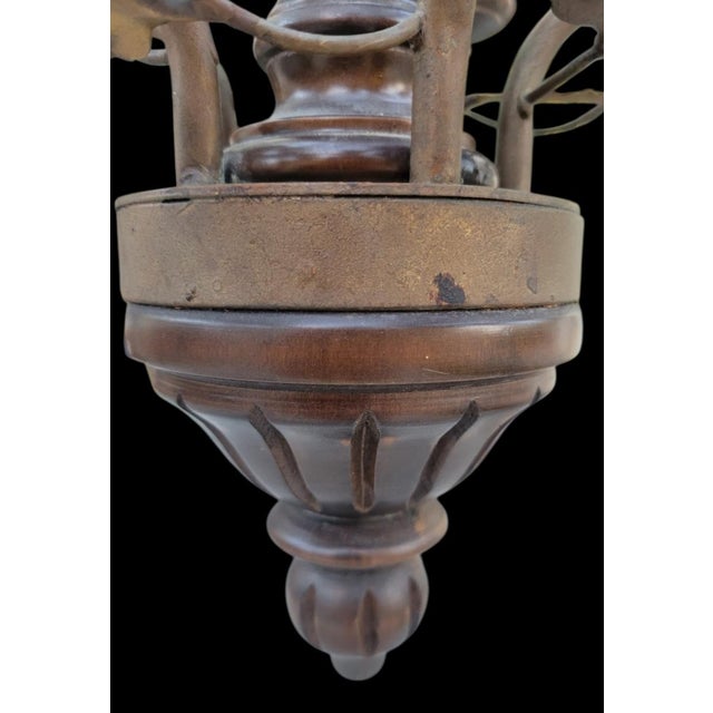 A wonderful very unique vintage Italian wood, ceramic and iron rose tole 5 light chandelier. This is such an unusual tole...