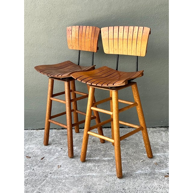 Arthur Umanoff MCM Slat Back Bar Stools After Arthur Umanoff - Pair For Sale - Image 4 of 12
