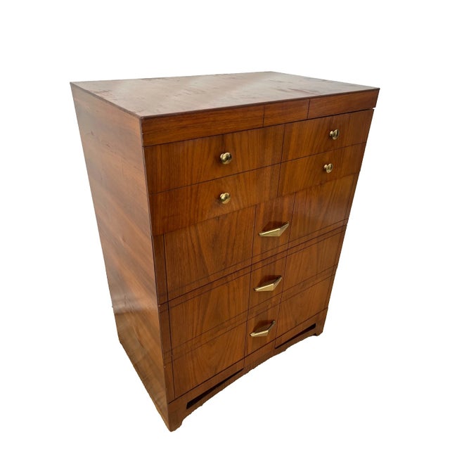 Gorgeous Mid Century Art Deco Revival Dresser Chest with Four Drawers, Brass Pulls and Geometric wood grain. 41" Tall X...