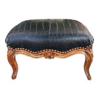 Antique Crocodile Leather French Provincial Footstool Ottoman For Sale