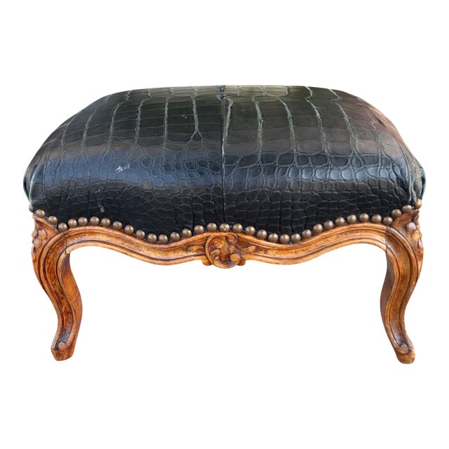 Antique Crocodile Leather French Provincial Footstool Ottoman For Sale
