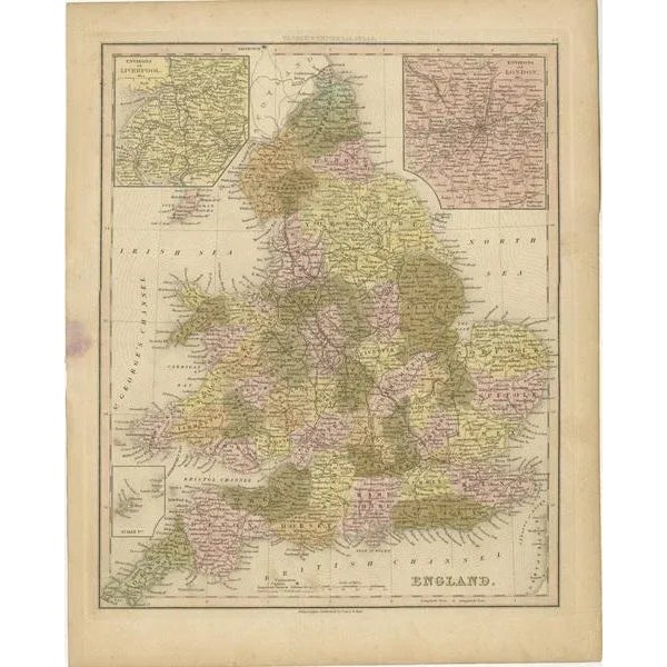 Antique map titled 'England'. Original antique map of England, with two inset maps of the region of Liverpool and London....