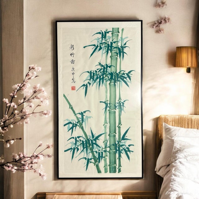 Original Feng Shui Chinese watercolor/ink painting on rice paper. Bright greens in tonal design creating depth and...