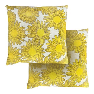 Outdoors and Indoors Contemporary Bright Flower Yellow Square Pillows. By Arlene Angard, Set of 2 For Sale