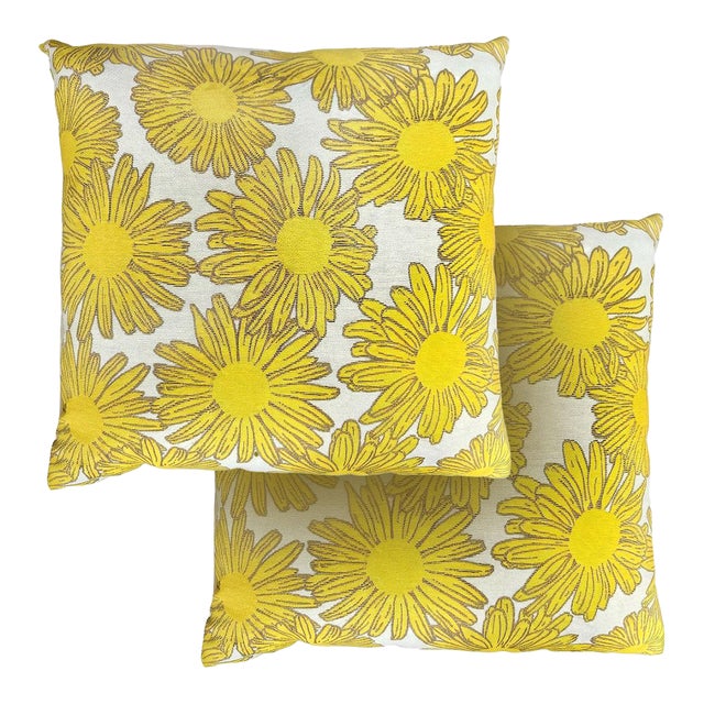 Outdoors and Indoors Contemporary Bright Flower Yellow Square Pillows. By Arlene Angard, Set of 2 For Sale