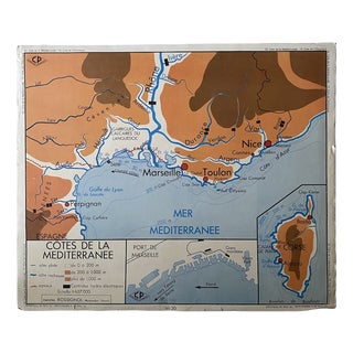 Vintage School Map of Atlantic and Mediterranean Coasts, 1950s For Sale