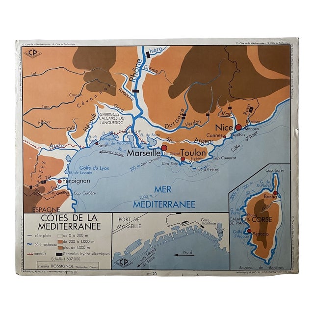 Vintage School Map of Atlantic and Mediterranean Coasts, 1950s For Sale