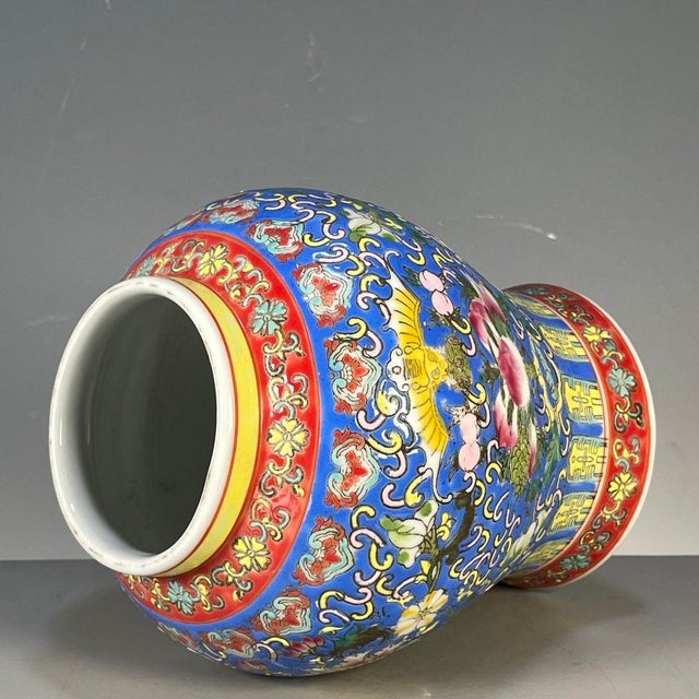 Famille Rose Blue Ground Floral Porcelain Ginger Jar With Gilt Finial For Sale - Image 4 of 8