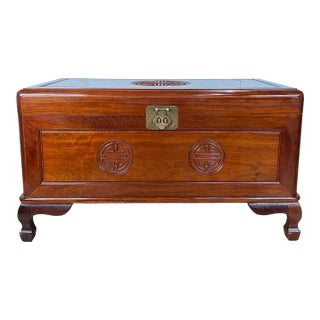 Mid-Century Chinese Ming Style Camphor Wood Blanket Chest With Longevity Symbols For Sale