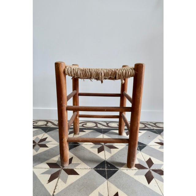 Rustic Vintage Low Wooden Stool with Woven Straw Seat, 1980s For Sale - Image 3 of 8