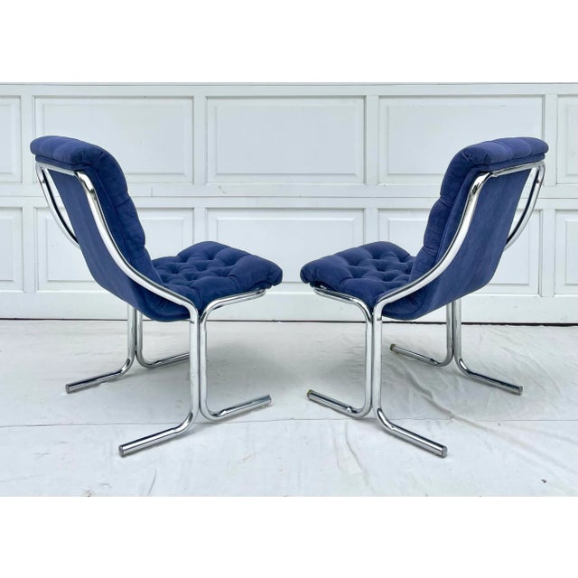 Pair of 1970's Blue Tufted Modern Chrome Lounge Side Chairs For Sale - Image 9 of 12