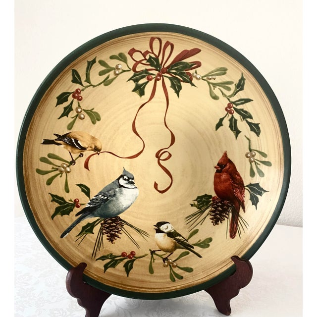 Late 20th Century Lenox Winter Greetings Large Low Serving Bowl. Measures 14 3/8 inches in diameter and 3 1/8 inches in...