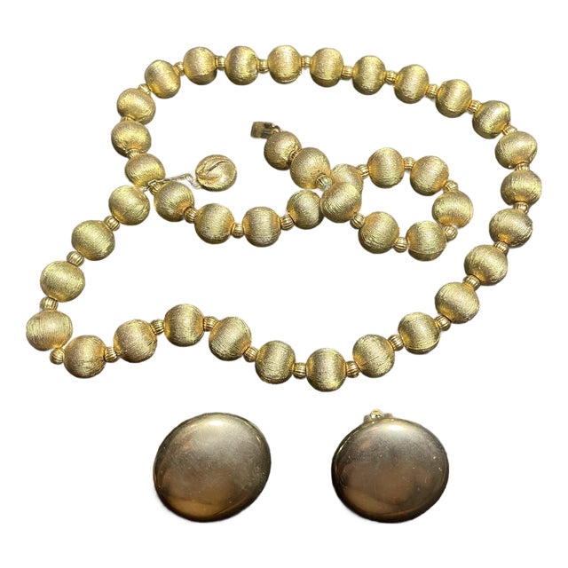 Mid 20th Century Earrings Marked Lisner & Necklace Lisner Style With Satin Etched Directly Into the Gold-Tone Metal For Sale