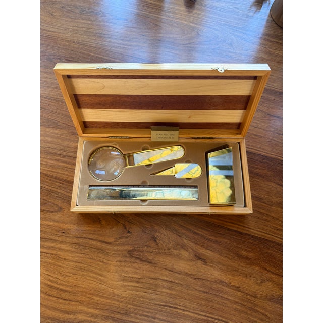 1970s 24k Gold-Plated Five-Piece Desk Set in Wood Presentation Box, 1970s Italy For Sale - Image 5 of 8