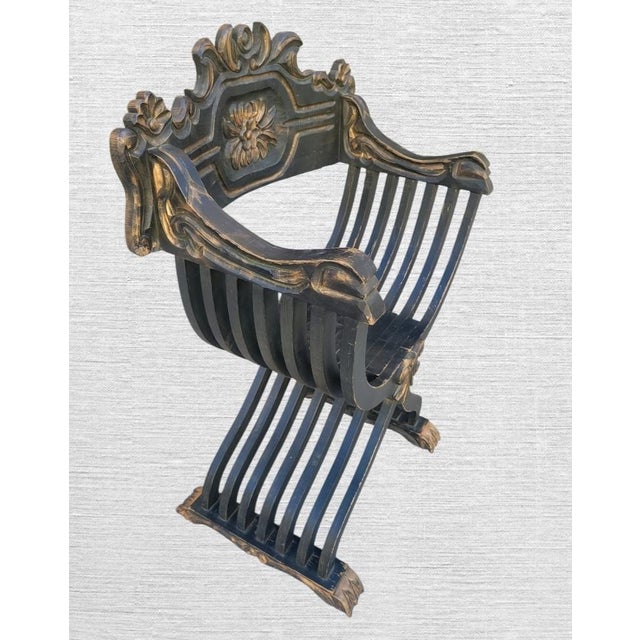 Wood Vintage Black Gold Savonarola Carved Wood Renaissance Style Decorative Side Chair For Sale - Image 7 of 10