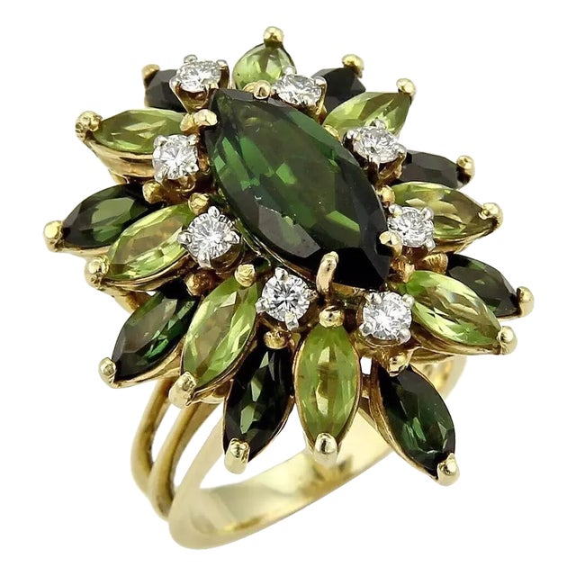 Le Triomphe Diamond & Tourmaline 14k Yellow Gold Cluster Ring, Size 6.75 For Sale