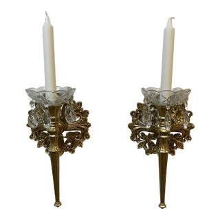 1950s Hollywood Regency Syroco Crystal Wall Sconces - A Pair With Genuine Hanging Crystals For Sale