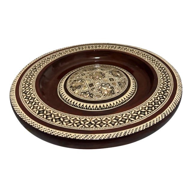 Vintage Egyptian Mosaic Mother of Pearl Inlay Wooden Decorative Plate - Handcrafted For Sale