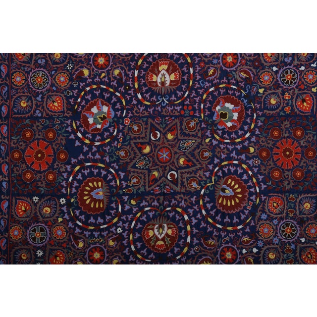 Ink Blue Silk Suzani Wall Decor - Blue Uzbek Embroidery Bedspread For Sale - Image 8 of 11