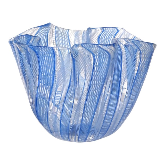 Murano Venini Bianconi Blue White Zanfirico Vintage Italian Art Glass Fazzoletto Handkerchief Vase For Sale