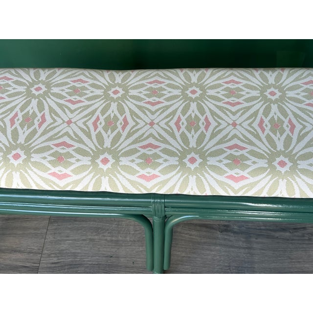 1970s 1970s Palm Beach Style Green Lacquered Bench With Floral Upholstery For Sale - Image 5 of 10