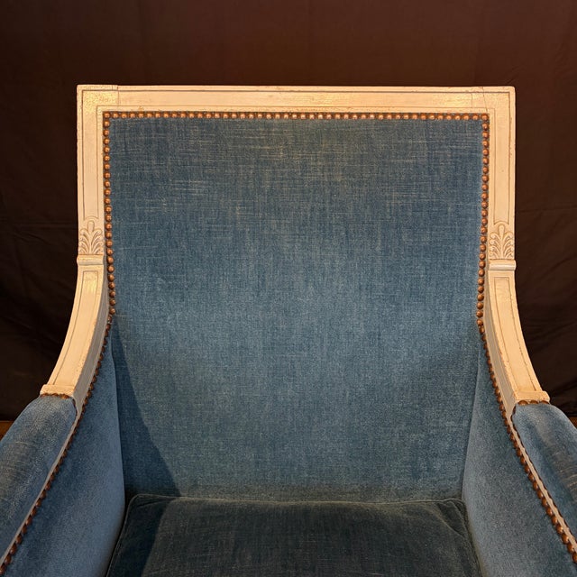 Antique French Neoclassical Painted Armchairs or Bergères in Blue Mohair- A Pair For Sale - Image 11 of 11
