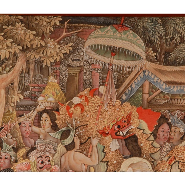 Large colourful painting with a large figurative scene Depicting an event carnival on Bali (Ubud) Indonesia. We are...