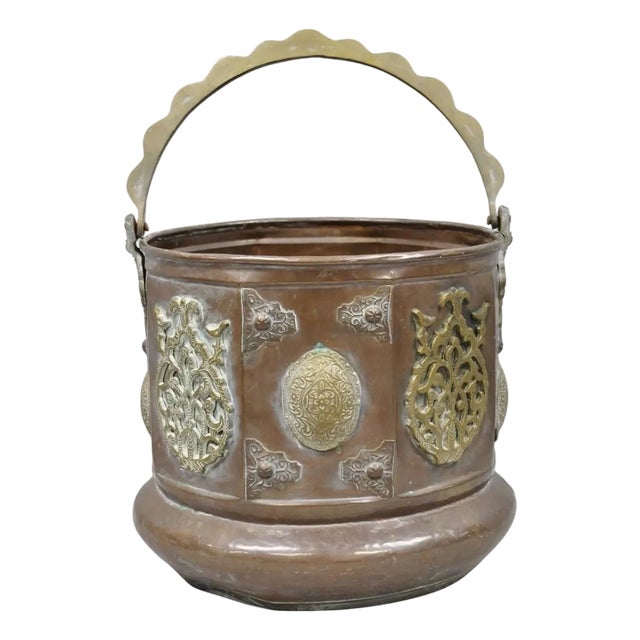 Antique Anglo Indian Middle Eastern Copper & Bronze Coal Bucket Cachepot Planter For Sale