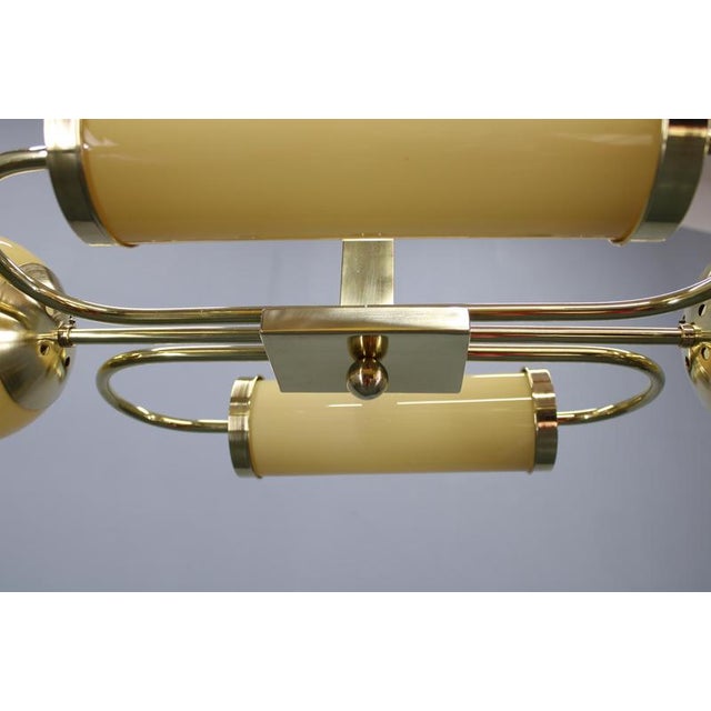 Czech Art Deco Brass Chandelier with Globe and Opaline Shades, 1930s For Sale - Image 12 of 18