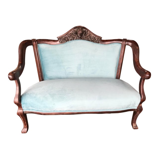 1940s Mahogany Cherub Carved Love Seat Mint Velvet Haute House Fabric For Sale