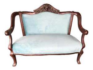 1940s Mahogany Cherub Carved Love Seat Mint Velvet Haute House Fabric