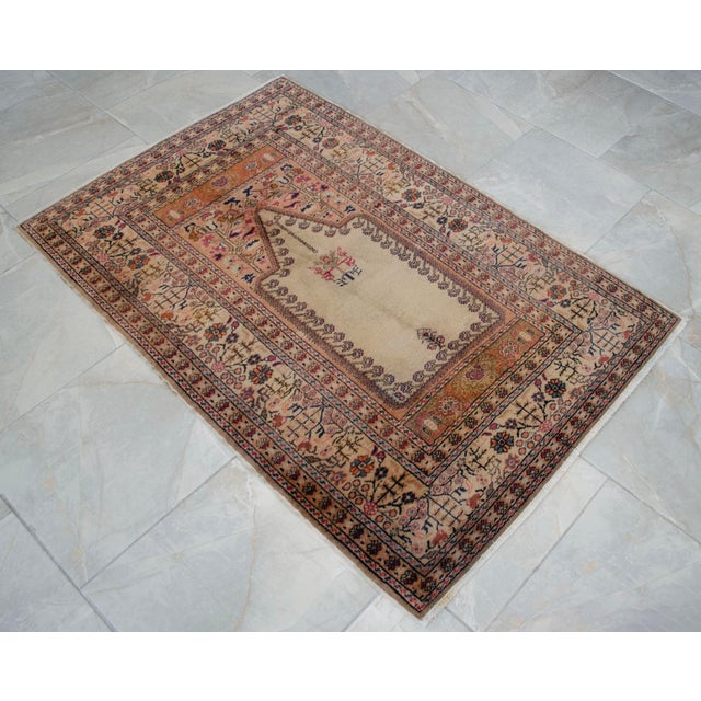 Beige Vintage Hand-Knotted Turkish Rug Prayer Rug Super Fine Wool Rug Wall Decor Religious Tapestry 3x5 Ft Approx For Sale - Image 8 of 18