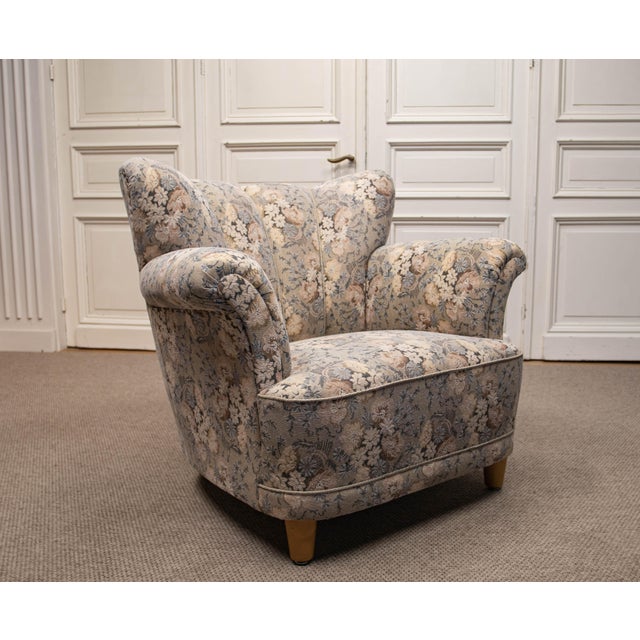 Vintage Danish Wingback Chair with Jacquard Fabric, 1940s For Sale - Image 3 of 15