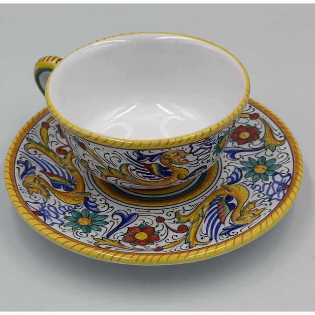 Marino Marini 1970s Marino Mazierli Raffaellesco Breakfast Cappuccino Cup Saucer Hand-Painted Dragon Italy For Sale - Image 4 of 9