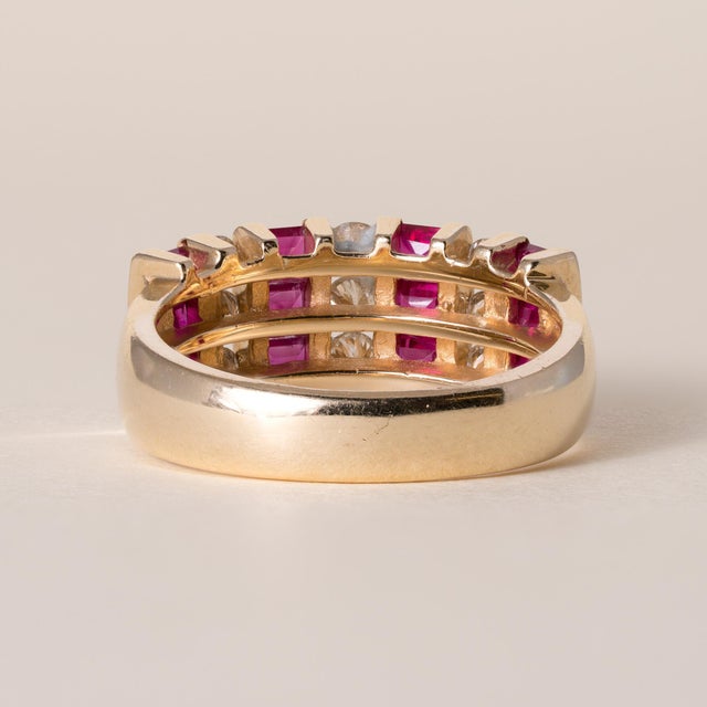 Vintage 14k Gold Ruby and Diamond Channel Set Wide Band Ring, Size 7.25 For Sale In Los Angeles - Image 6 of 6