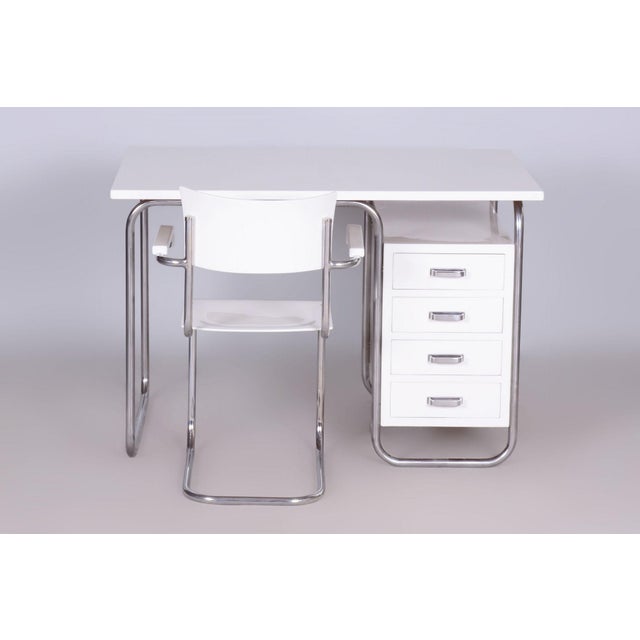 Czech Bauhaus Writing Desk with Chair in Chrome and Lacquered Wood, 1930s, Set of 2, in Restored conditions. Designed 1920...
