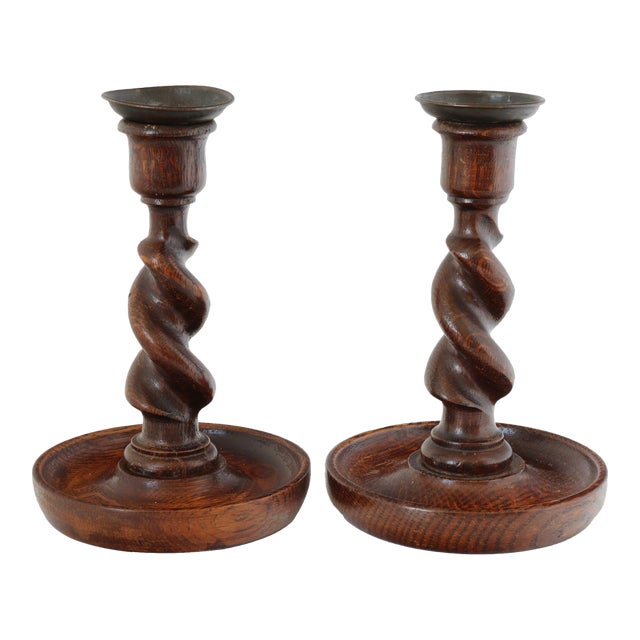 Pair of Antique English Oak Barley Twist Candlesticks, c.1890 For Sale