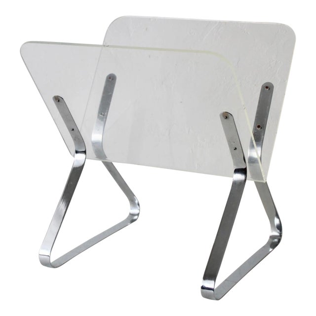 Vintage 1970s Milo Baughman Style Lucite Chrome V-Shape Magazine Rack For Sale