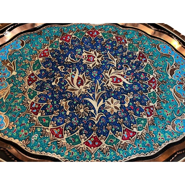 Floral etched tray with handles made by copper. Handmade multicolor design, perfect for serving. Great for displaying your...