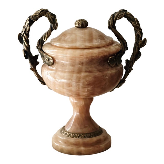 Vintage Solid Marble + Brass Urn Centerpiece For Sale